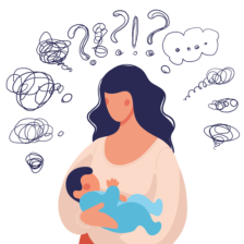 woman holding baby surrounded by thoughts and question marks